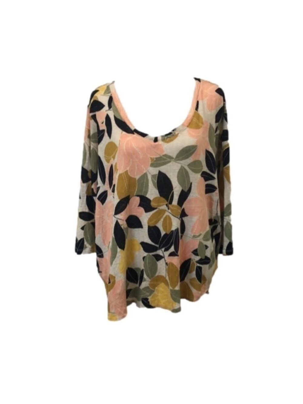 Rachel Zoe Size 2X 100% linen pull over top. 3/4 sleeves floral foliage